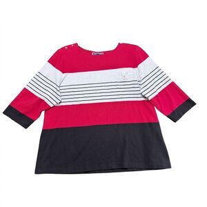 Karen Scott Sport 3X Striped Colorblock 3/4 Sleeve Top Red Black White
